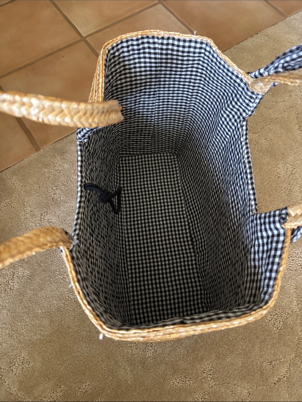 Vintage Woven Straw Tote Bag with Gingham Bow Accents - Picture 8 of 8